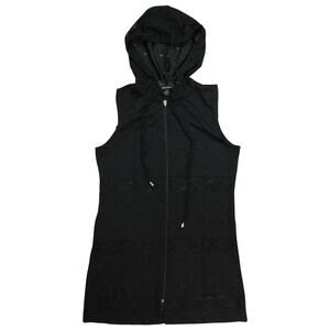 Ellen Weaver Black Eyelet Hooded 2 Pocket Zip Tunic Sleeveless Dress Size M